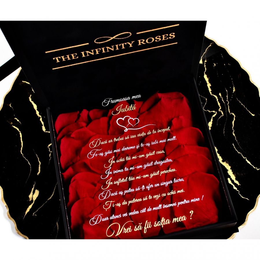 Trandafir criogenat in balon cu tulle negru si lumini LED Cutie cadou tip felicitare personalizata cu mesaj pentru iubita